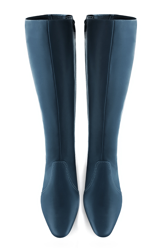 Denim blue women's feminine knee-high boots. Round toe. Low block heels. Made to measure. Top view - Florence KOOIJMAN